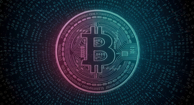 bitcoin crypto currency digital technology on circuit board .blue dark background. 