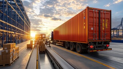Fototapeta premium Cargo truck logistics truckload concept. A truck loaded with a shipping container is parked at a logistics facility, with stacks of boxes and a beautiful sunset in the background.