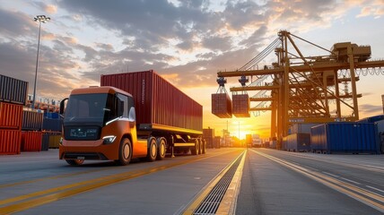 Cargo truck logistics truckload concept. A vibrant sunset illuminates a truck transporting containers at a busy port, showcasing industrial activity and logistics.