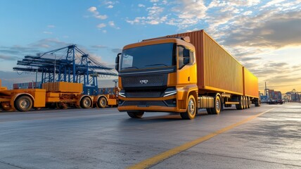 Cargo truck logistics truckload concept. A bright orange truck transports cargo at a bustling port under a vibrant sky, surrounded by large cranes and containers.