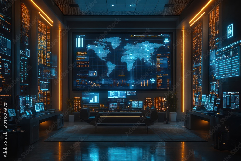 Poster futuristic global command center: high-tech control room with world map display