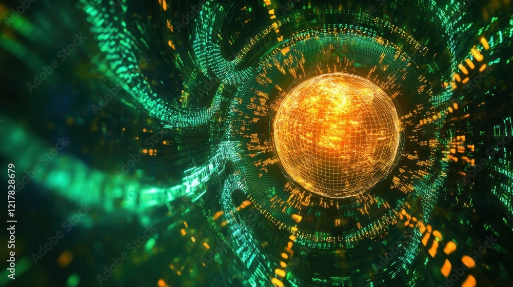 Poster a radiant currency globe surrounded by swirling binary digits symbolizing ais impact on global trade