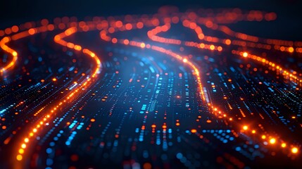 Obraz premium Abstract digital technology background with glowing orange and blue circuit paths creating futuristic landscape, perfect for tech presentations and innovation concepts.