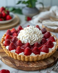 Fresh strawberry tart with whipped cream on wooden board, perfect for food blogs, restaurant menus and culinary magazines. Homemade pastry dessert with ripe berries and cream filling.