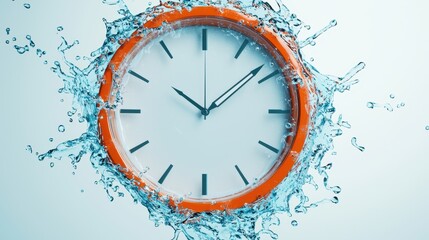 A vibrant orange clock surrounded by splashes of water, symbolizing the passage of time and the fluidity of moments.