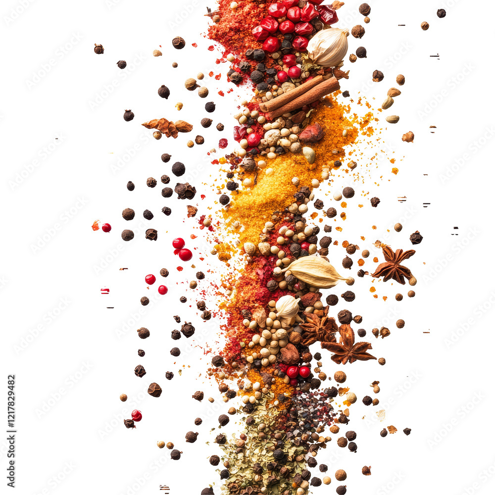 Poster colorful spices gracefully float in the air against a transparent background during a culinary showc