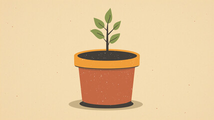 Fototapeta premium Young Plant Growing in a Terracotta Pot on a Cream Background, Representing Growth