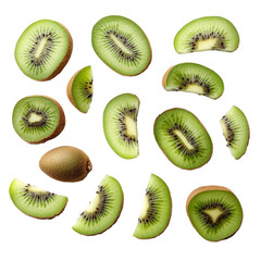 Fototapeta premium Fresh kiwi fruit and sliced segments arranged beautifully on a transparent background for a healthy snack presentation, kiwi fruit and his sliced segments isolated on transparent background