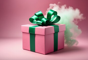 Fototapeta premium A vibrant pink gift box adorned with a lush green ribbon, set against a soft pink background, exuding a whimsical and celebratory mood.