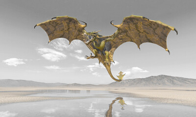 dragon is jumping on the desert after rain