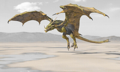 dragon is landing on the desert after rain