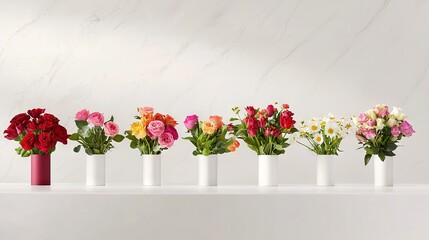 Fototapeta premium White vases line a table, brimming with varied-colored blooms and set against a backdrop of marble