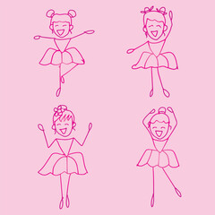 Cute cartoon ballerina in different poses. Vector illustration.