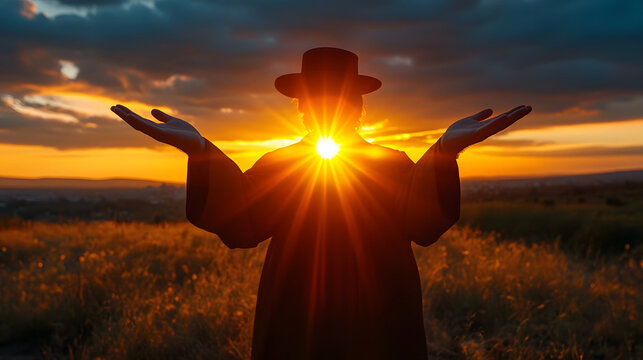 10. Hope Renewed: Against the backdrop of a radiant sunrise, a Rabbi extends his hands in blessing, symbolizing the dawn of hope and redemption. His steadfast faith serves as a bea