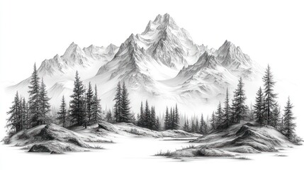 Fototapeta premium Majestic monochrome mountain range, forest foreground, serene lake, pencil sketch, nature art