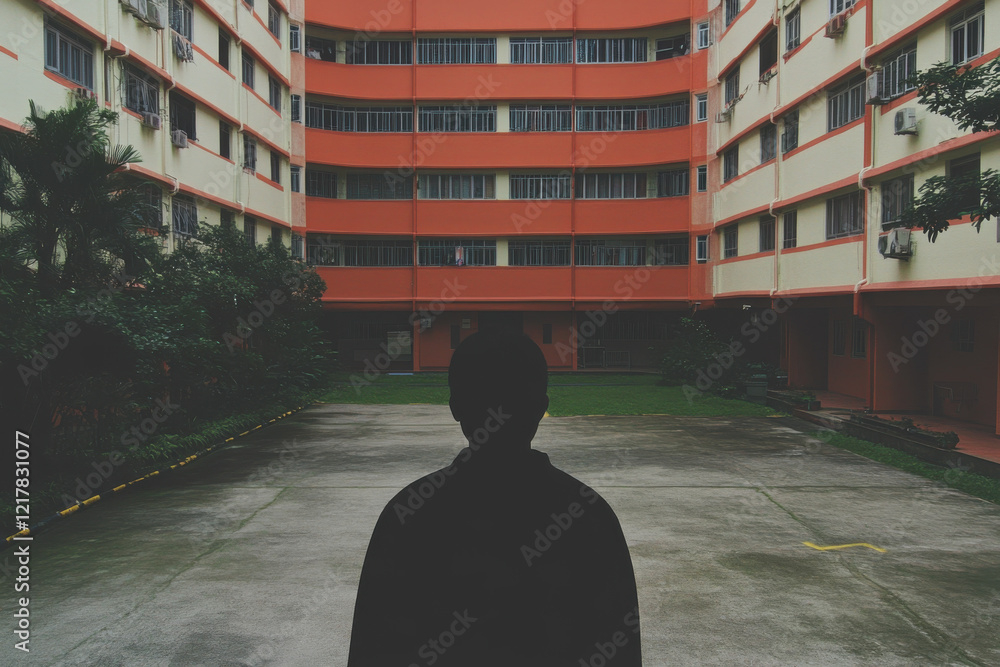 Poster a man stands in front of a building with a large window