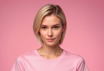 Fototapeta premium A striking portrait of a confident woman with short blonde hair, set against a soft pink backdrop, exuding poise and elegance.
