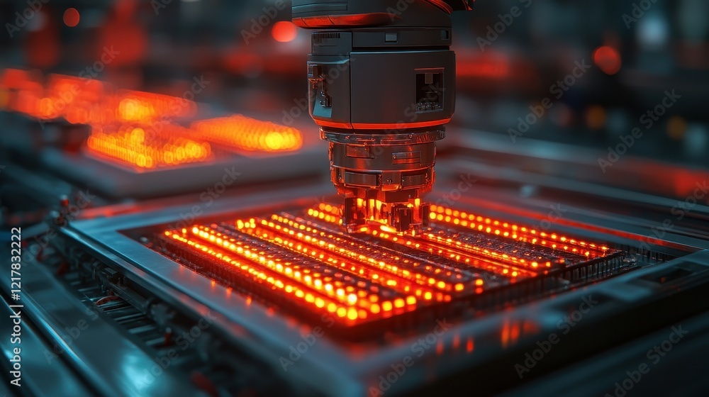 Poster close-up of a precision machine working on illuminated circuit boards.