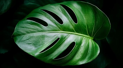 Lush green monstera leaf, dark background, botanical detail, nature photography, website design