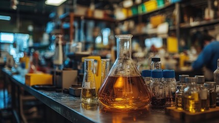 Laboratory glassware with amber liquid on a metal table.