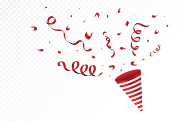 Luxury red confetti cone explosion for anniversary and party celebration. Special confetti and tin foil design on a white background with transparent effect. Red tinsel and ribbon blast for Christmas.