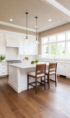 Bright Modern Kitchen with White Cabinets, Island, and Pendant Lighting, Ideal for Cooking and Entertaining