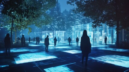 An immersive depiction of community spaces with vibrant plazas and interactive public art installations seamlessly integrated within the urban grid.