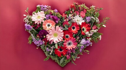Heart shaped bouquet of flowers on a soft red background evoking love and passion for Valentines Day