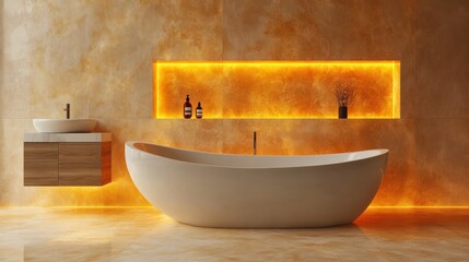 Modern bathroom with freestanding bathtub and onyx wall.