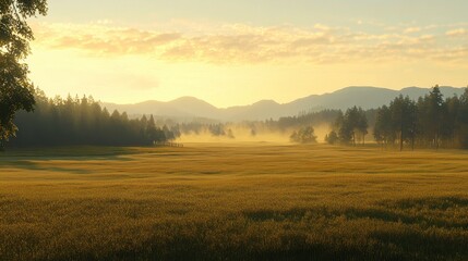 Naklejka premium Serene Dawn Meadow with Soft Light and Dramatic Background