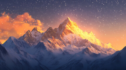 Majestic sunrise illuminating golden mountain peaks against a starlit sky. Starlit Peak. Illustration