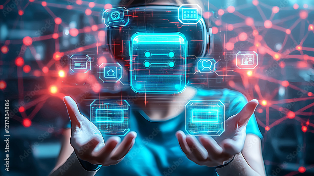 Poster a hand holding a hologram displaying digital icons and symbols representing technology and communica
