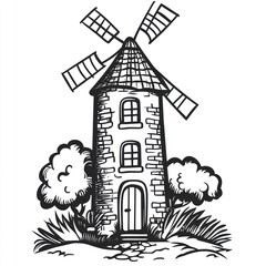 Fototapeta premium Stone windmill illustration with trees and grass.