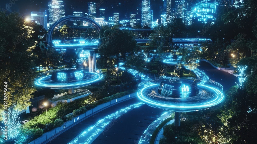 Poster a glowing representation of aerial transportation systems with hovering transit pods navigating thro