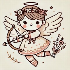 Fototapeta premium Cute cartoon angel character with wings and a bow, perfect for Valentine's Day cards, children's art, or whimsical designs.