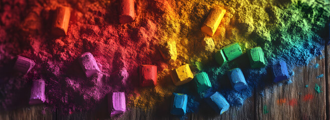 Colored crayons of soft pastels. Painter's multi-colored background. Many pieces of chalk.oil pastels drawing and crayons on wooden background