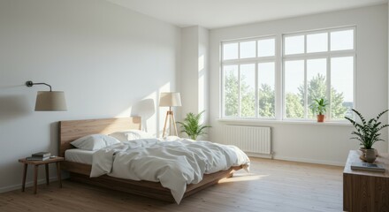 A bright, minimalist bedroom showcasing natural lighting and clean lines for a modern yet traditional aesthetic.
