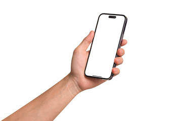 Hand showing smartphone with blank screen isolated on white background. Business, Finance and Technology concept.