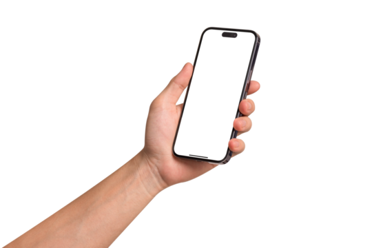 Hand showing smartphone with blank screen isolated on white background. Business, Finance and Technology concept.