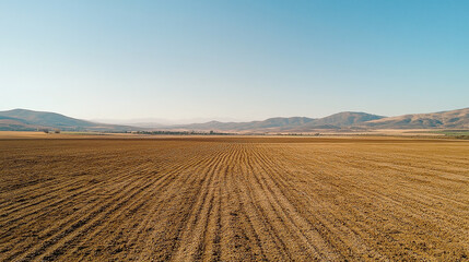A panoramic view of a freshly plowed field stretching under a bright, clear sky, framed by rolling hills in the distance, embodying farming, cultivation, and the beauty of rural landscapes.