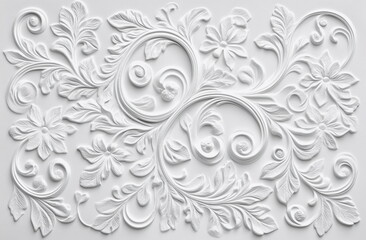 An elegant ornamental white relief with intricate floral and scrollwork detailing. Ideal for luxury home decor, architectural accents, or high-end visual design concepts.

