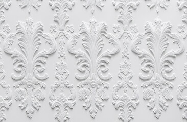 Fototapeta premium An elegant ornamental white relief with intricate floral and scrollwork detailing. Ideal for luxury home decor, architectural accents, or high-end visual design concepts.