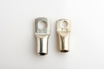 Crimp terminals for electrical wires, tools for electricians. electrical terminals, electrical installation work on white. Connectors for wires.