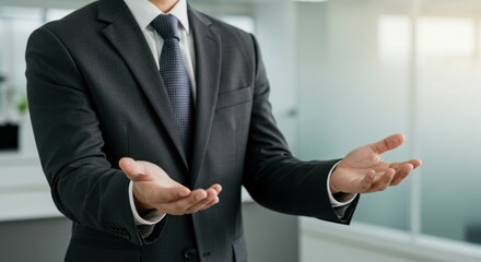 Fototapeta premium A business professional extends their hands in an offering motion, signifying trust and etiquette. 