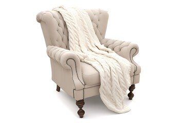 Cream Tufted Armchair with Cable Knit Throw
