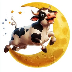 Playful cow leaps over the moon against a crisp white background, vibrant colors and intricate details enhance the whimsical scene
