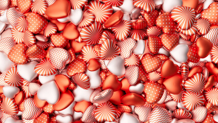 Red and pink textured hearts background for Valentine's Day. Pile of hearts. Romantic backdrop. 3d render illustration
