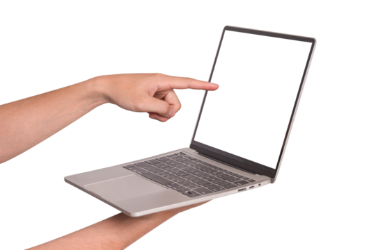 Hand using laptop computer with blank screen isolated on white background. Business, finance and technology concept.