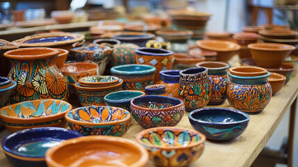 Fototapeta premium A vivid close-up of brightly colored ceramic bowls artfully stacked and arranged on a table in a bustling market, showcasing intricate craftsmanship, cultural richness, and artistic flair.