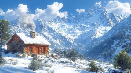 Fototapeta premium A cozy cabin in a snowy mountain landscape under a clear blue sky.